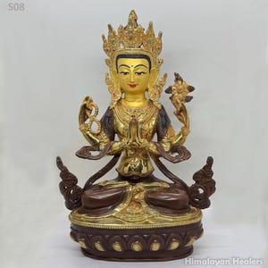 12.6" Gilded Chenrezig / Chenrezig Wangchuk / Avalokiteśvara Statue 24K Gold Face Paint with stone inlay. 100 % Handmade in Nepal