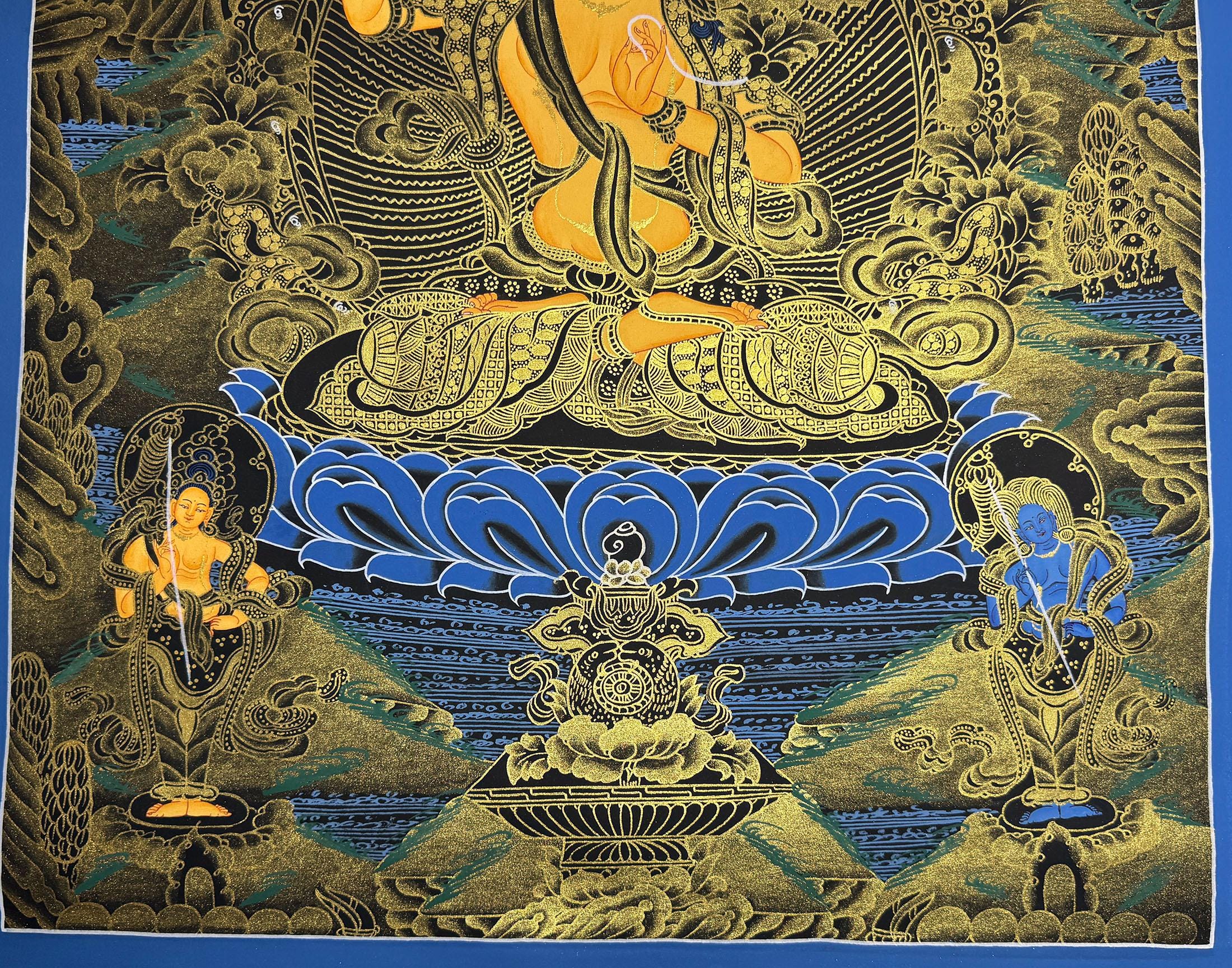 手描きのマンジュシュリータンカ絵画：ネパールのオリジナル仏教美術