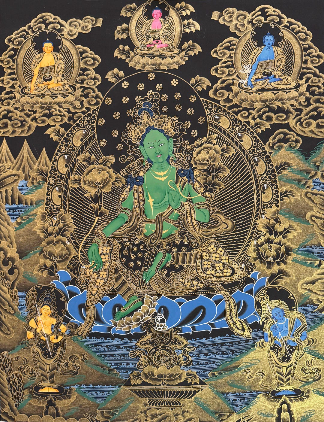 グリーンターラタンカ絵画：ネパールの手描き仏教美術（45 x 60 cm