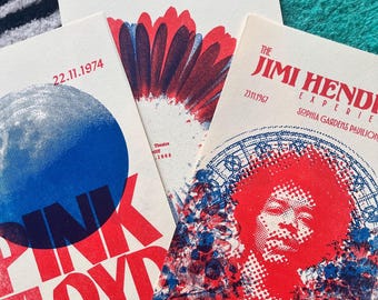 Juego de 3 postales A3 de conciertos de rock clásico impresas en risografía a mano.