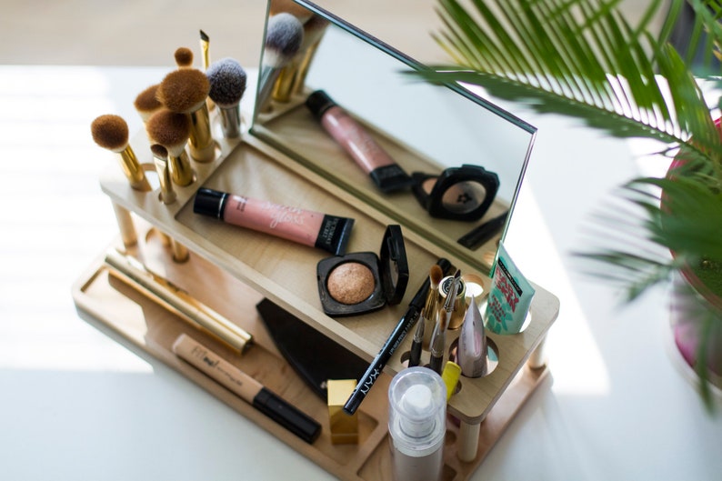 Makeup wood organizer MIRROR as a GIFT Wooden cosmetic Etsy