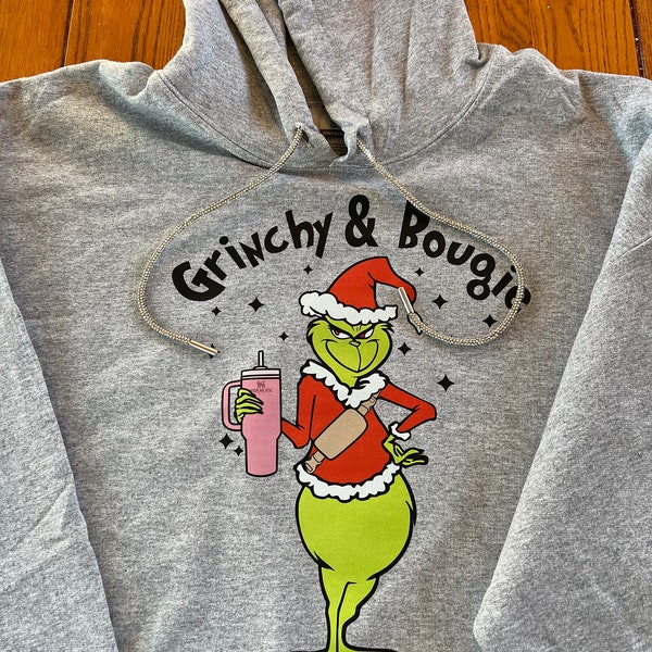 Grinchy and Bougie Grinch Hoodie with Blingy Drawstring