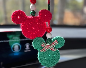 Rearview mirror Crochet Car Charm, Christmas Mickey and Minnie