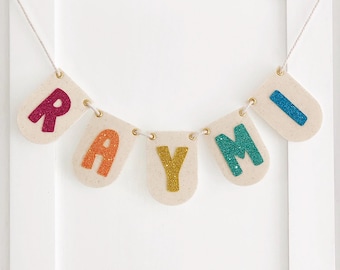 Personalized Glitter Name Banner with Interchangeable Flags