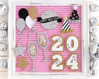 New Year's Eve Essentials Letter Board Icons and Tiered Tray Decor | Party Hats, Disco Ball, Balloons, Champagne Glasses, 2024