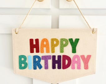 Happy Birthday Hanging Wall Banner, Felt Birthday Backdrop, Cute Party Decor, Sparkly Classroom Sign with Custom Colors