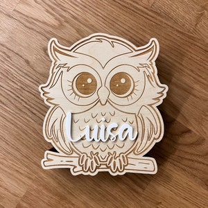 Money box child personalized, money box owl wood