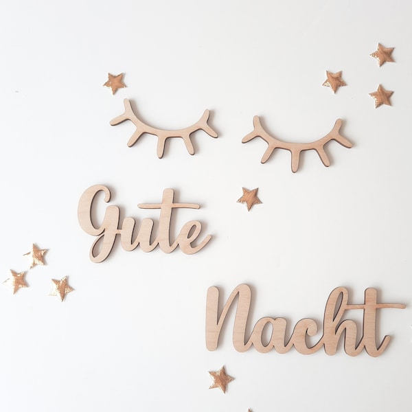 Schriftzug "Gute Nacht" mit schlafenden Augen, Holzschrift, Text aus Holz, Wandbehang, Wanddeko