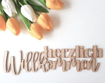 Schriftzug "Herzlich Willkommen", Holzschrift, Text aus Holz, Wandbehang, Wanddeko