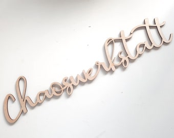 Schriftzug "Chaoswerkstatt", Holzschrift, Text aus Holz, Wandbehang, Wanddeko