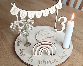 Personalized birthday plate with vase and candle, candle plate, birthday board, birthday plate, birthday wreath, table decoration