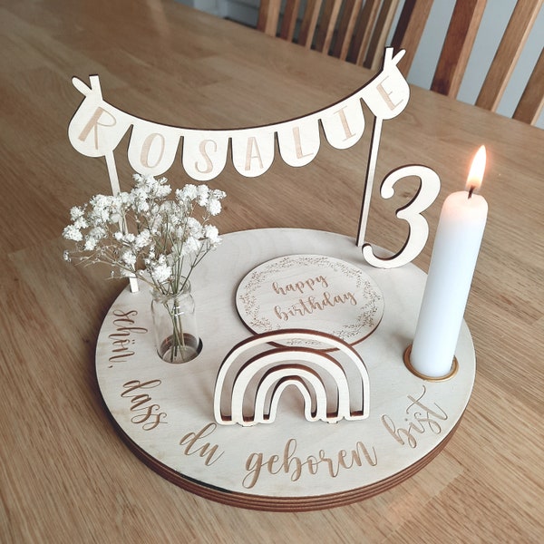 Personalisierter Geburtstagsteller mit Vase und Kerze, Kerzenplatte, Geburtstagsbrettchen, Geburtstagstafel, Geburtstagskranz, Tischdeko