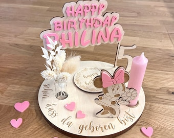 Disney inspired Minnie Mouse birthday plate personalized with vase and candle, birthday board, birthday wreath, table decoration
