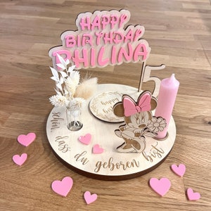 Disney inspired Minnie Mouse birthday plate personalized with vase and candle, birthday board, birthday wreath, table decoration