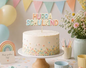 Taarttopper "Hoera, schoolkind!" | Houten taartdecoratie voor de eerste schooldag | Pastel regenboog | Taarttopper voor de start van het schooljaar | Schoolkind decoratie
