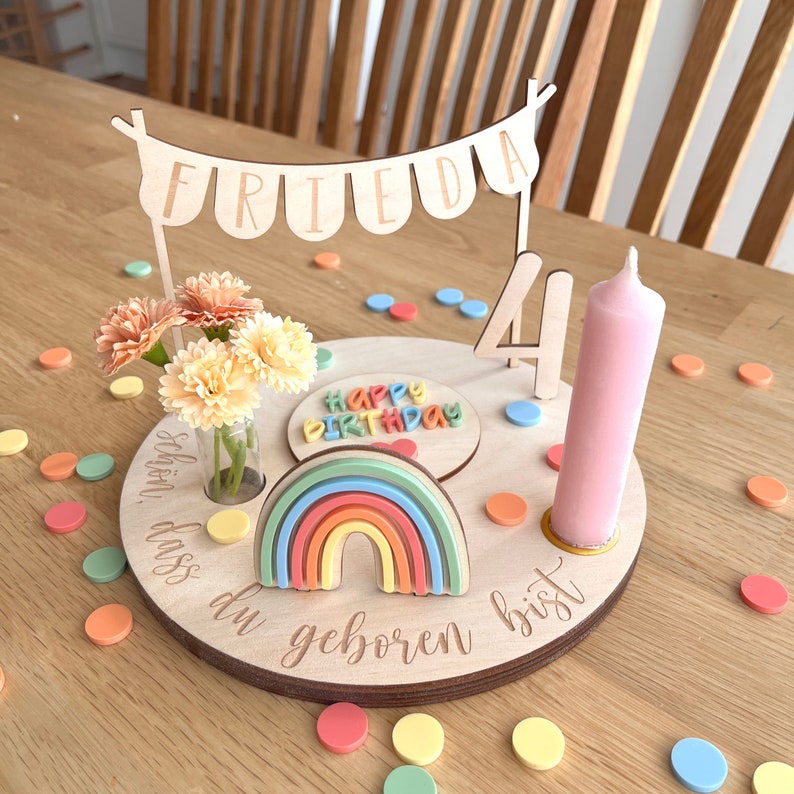 Personalized colorful birthday plate with vase and candle, candle plate, birthday board, birthday board, birthday wreath image 5