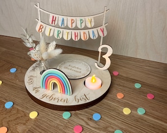 Assiette d'anniversaire colorée personnalisée avec vase et bougie chauffe-plat, assiette à bougies, tableau d'anniversaire, table d'anniversaire, couronne d'anniversaire