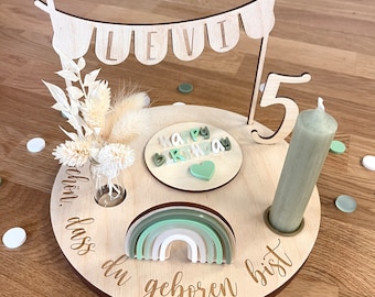 Personalized birthday plate pastel green with vase and candle, candle plate, birthday board, birthday board, birthday wreath