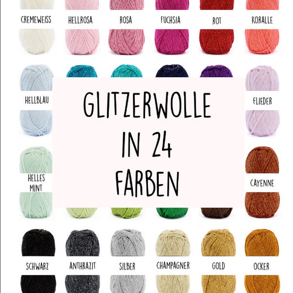 Glitzergarn in 24 Farben, Glitter Glam Wolle, Wolle für dein DIY Projekt, Meterware