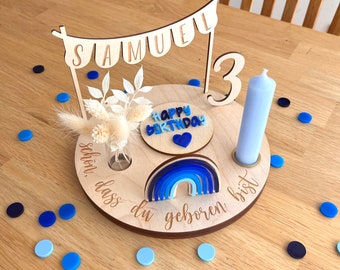 Assiette d'anniversaire bleue personnalisée avec vase et bougie, assiette à bougies « Blue Delight », planche d'anniversaire, couronne d'anniversaire