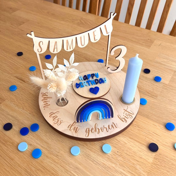 Personalized birthday plate blue with vase and candle, "Blue Delight" candle plate, birthday board, birthday wreath