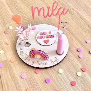 Personalized birthday plate &quot;Pretty in Pink&quot; with vase and candle, candle plate, birthday board, birthday wreath