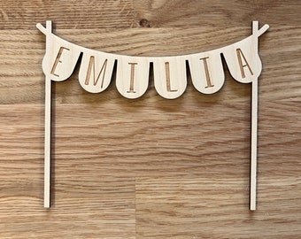 Wimpelkette personalisiert aus Holz für Personalisierten Geburtstagsteller mit Vase und Kerze, Kerzenplatte, Geburtstagskranz