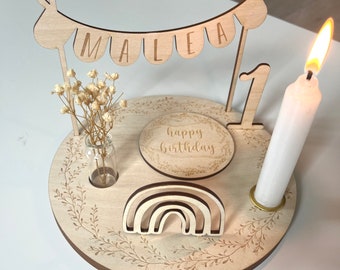 Personalized birthday plate with vase and candle, candle plate, birthday board, birthday plate, birthday wreath, table decoration