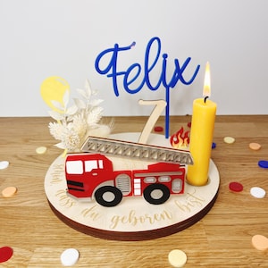 Personalized fire brigade birthday plate with vase and candle, candle plate, birthday board, birthday table, birthday wreath