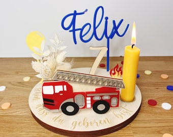 Personalisierter Feuerwehr Geburtstagsteller mit Vase und Kerze, Kerzenplatte, Geburtstagsbrettchen, Geburtstagstafel, Geburtstagskranz