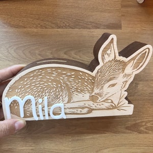 Money box child personalized, money box deer wood