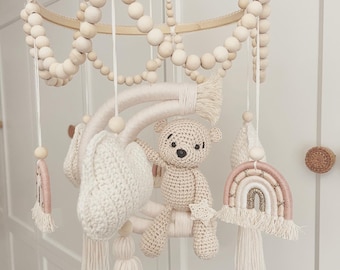 Móvil Teddy "Cabeza en las Nubes", Móvil Macrame, Móvil Bebé con Luna y Osito Estilo Boho Neutro