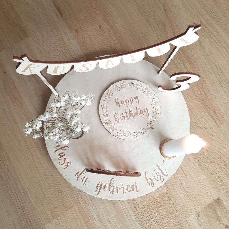 Personalized birthday plate with vase and candle, candle plate, birthday board, birthday plate, birthday wreath, table decoration image 2