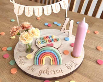 Plato de cumpleaños colorido personalizado con jarrón y vela, plato de vela, tabla de cumpleaños, tabla de cumpleaños, corona de cumpleaños