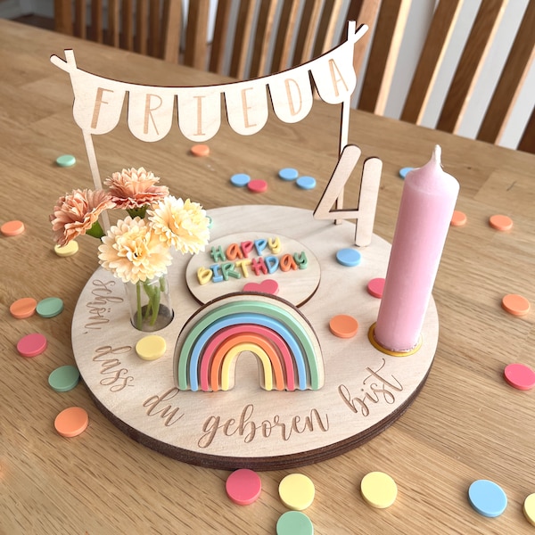 Personalisierter Geburtstagsteller bunt mit Vase und Kerze, Kerzenplatte, Geburtstagsbrettchen, Geburtstagstafel, Geburtstagskranz