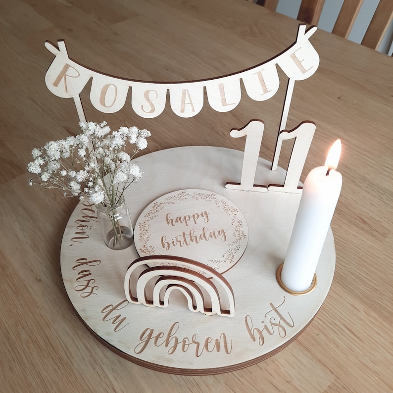 Personalized birthday plate with vase and candle, candle plate, birthday board, birthday plate, birthday wreath, table decoration image 4