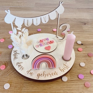 Personalized birthday plate &quot;Think Pink&quot; with vase and candle, candle plate, birthday board, birthday wreath