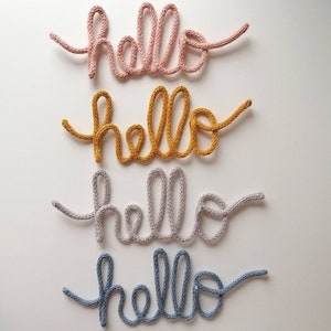 Textile personalized lettering made of wire and wool, hello, knitting word, wall decoration, name plate for children&#39;s room, door sign baby, wire word