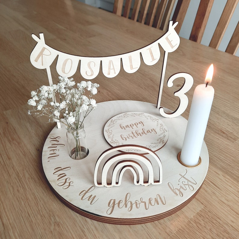 Personalized birthday plate with vase and candle, candle plate, birthday board, birthday plate, birthday wreath, table decoration image 1