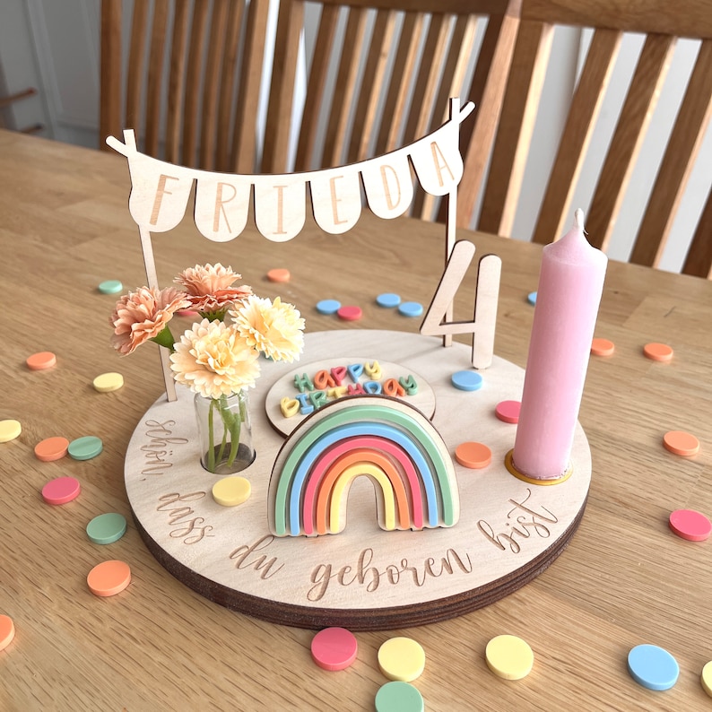 Personalisierter Geburtstagsteller bunt mit Vase und Kerze, Kerzenplatte, Geburtstagsbrettchen, Geburtstagstafel, Geburtstagskranz Bild 8
