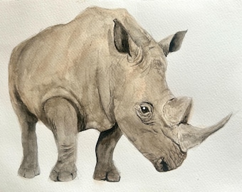 Rinoceronte de acuarela de 9" x 7,5"