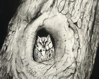 Búho en un árbol (8,5 x 11 pulgadas) Acuarela