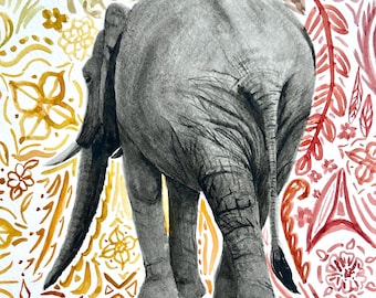 May include: A watercolor painting of a gray elephant viewed from behind, set against a background of intricate, hand-painted floral and botanical patterns in shades of yellow, orange, and red, featuring detailed skin texture and a long tail.