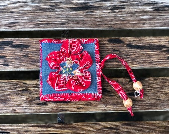 Needle book, denim & bandana fabric book with pockets, slow stitch cover, hand stitched,unique gift, organizer sewing kit, one of a kind