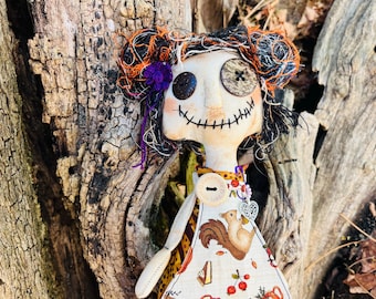 Mavis junky grungy Grammy Monster Doll, Creepy Fall Decor, Primitive Art Doll,gift idea, hand stitched, handmade,coffee dyed fabrics