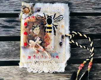 Embroidery fabric journal, hand stitched bee journal, handmade, removable page, dyed papers, hand sewn journal, stitched book cover, art