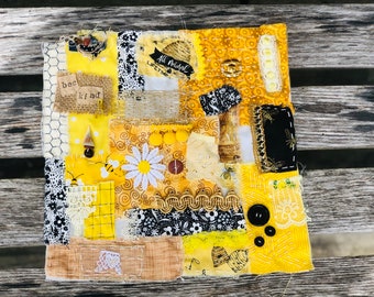 Bee slow stitch kit, bumblebee collage, mindful stitching, bee print, junk journaling, Embellishments, stitching kit, overlayed fabric,art