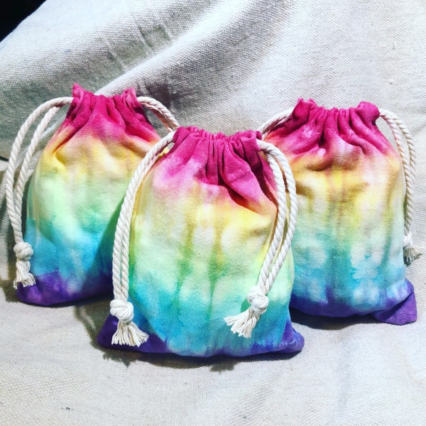 4x6 Rainbow,hand tie dyed gift bags,birthday favor, bridal,first birthday party celebrations,candy and goodie bags,small reusable hand sewn.