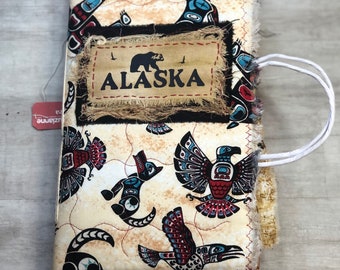 Junk journal, fabric cover, paper bag, happy mail, pen pal, Alaska journal, diary, art scrapbook, smash book, gift idea, up cycled, handmade