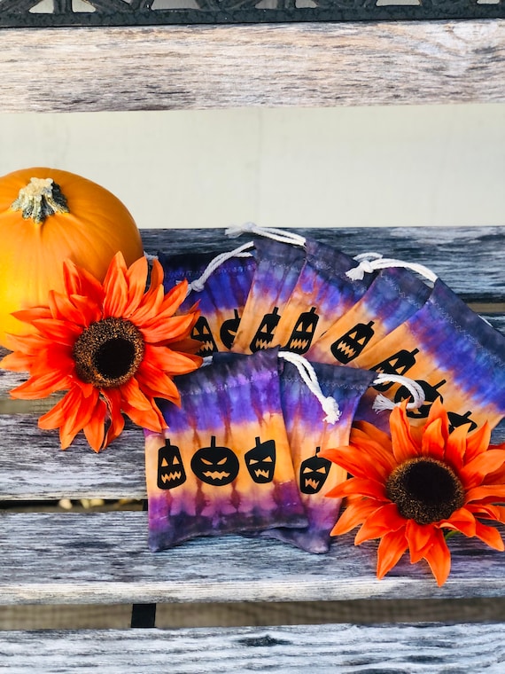 Halloween tie dyed party favors trick or treat favor bags Candy bags Halloween favor bags reusable pumpkin bags hand sewn candy goodie bags Halloween tie dyed party favors trick or treat favor bags Candy bags Halloween favor bags reusable pumpkin bags hand sewn candy goodie bags